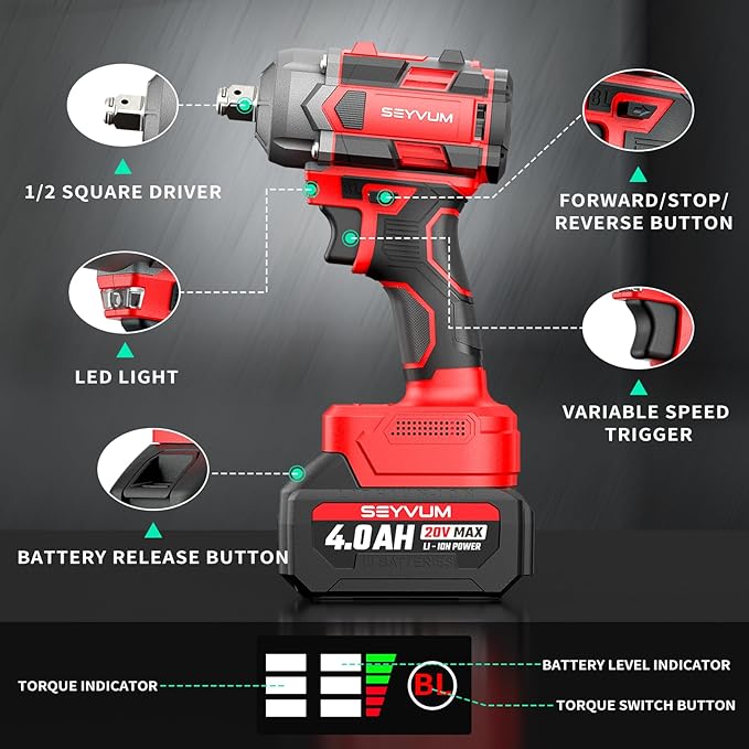 SEYVUM Cordless Impact Wrench, 1/2” Max Torque 440 Ft-lbs / 600 N.m Power Impact Gun, 20V 3000RPM Electric Impact Driver, 2 x 4.0Ah Battery, 4 Impact Sockets, Carry Bag Included