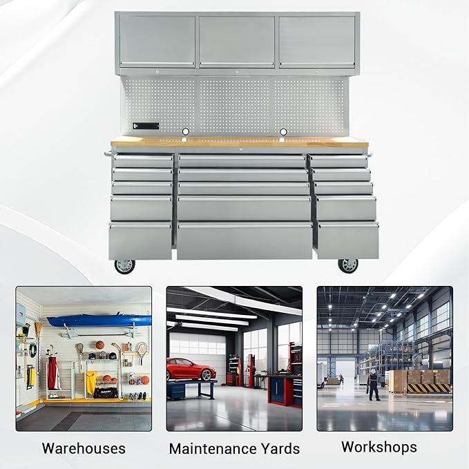 CHETTO C 72-inch Rolling Tool Chest Cabinet Mobile Workbench with 15 Storage Drawers and Wheels 3 Uper Cabinet Outlet SS Pegboard Stainless Steel Tool Box for Garage