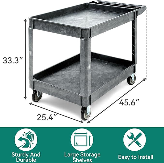 YITAHOME 550 LBS Heavy Duty Utility Cart on Wheels, 2 Shelves Service Cart, Plastic Rolling Tool Carts with Wheels, Gray Maintenance Push Carts for Garage, Home, Restaurant, Jobsite, Office, 45 x 25