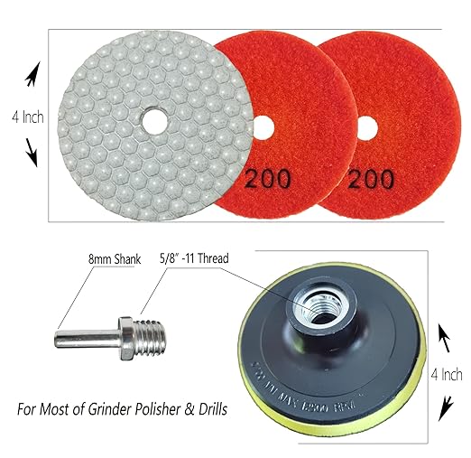 16 Packs Dry Diamond Polishing Pads Grit 200, 4 Inch Dry/Wet Tile Sanding Pad for Bufffing Granite Marble Quartz Concrete Stones Used for Grinder Polisher Drill