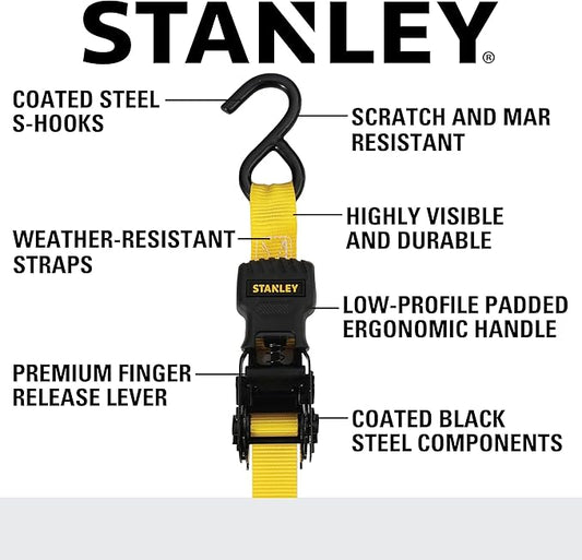 STANLEY S10002-12 Black/Yellow 1" X 12' Ratchet Straps - 500 LBS Safe Working Load / 1,500 LBS Break Strength, 2 Pack