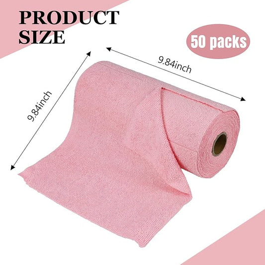 wuyaoyao 50PCS Microfiber Cleaning Cloth Roll, 10"×10" Tear Away Microfiber Towels, Reusable Washable Cloth Paper Towels, Multi-Purpose Cleaning Rags for Car Home Kitchen Garage Shop (Pink)