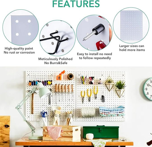 2 Pcs Pegboard, Metal Pegboard Wall Panels - Pegboard Wall Organizer System - Peg Boards for Walls, Small Peg Board Tool Storage, White Pegboard for Garage, Craft Room, Workbench, Kitchen, Office