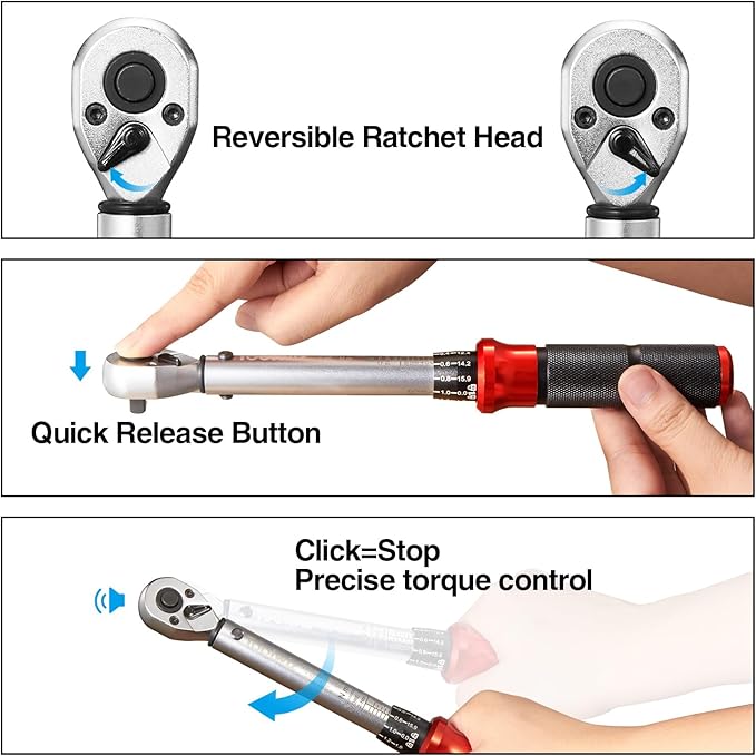 Toolwiz Bike Torque Wrench Set 1/4-Inch Drive 17.7-230.1 In-Lb/ 2-26 Nm 15 Pieces Torque Wrenches Tool Kit 72 Tooth Dual-Direction Click Type for Bicycle, MTB, Car Repair, Home Maintance