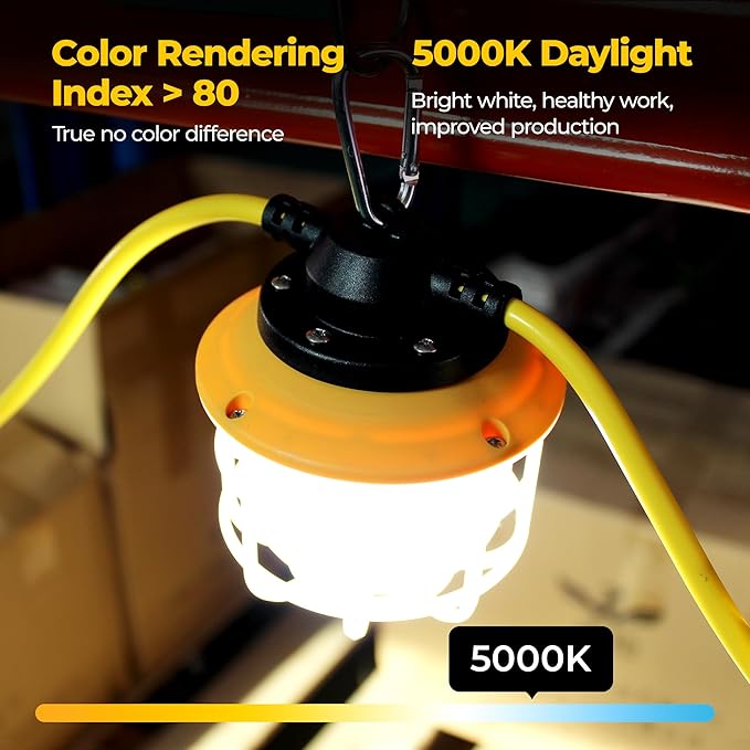 100FT Construction String Lights: 3 Prong 150W Ultra-bright 21000 lumens ETL Listed Linkable Industrial Outdoor Temporary Lighting IP65 Waterproof Hanging Led Work Light for Attic Jobsite Garage Shop