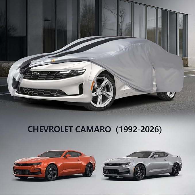 Multi-Layer Car Cover Custom Fit for Chevrolet Camaro(1970-2026), 100% Waterproof All Weather for Automobiles, Gift with Towel, Heavy Duty Car Covers for Rain Sun UV Protection with Door Zipper.