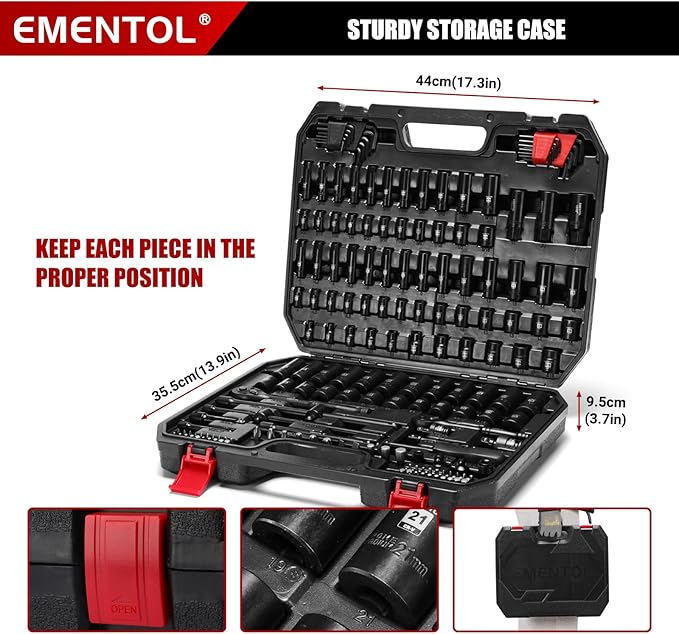 EMENTOL 189-Piece Impact Socket Set, 1/4" & 3/8" Drive Metric and SAE Sizes, CR-V Steel, Includes Deep & Shallow Sockets, Ratchets, Bits, Extensions, Spark Plug Socket & More, with Plastic Tool Case