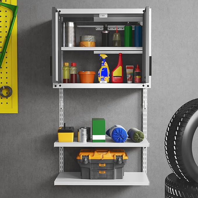 Goplus Garage Wall Cabinet, Metal Wall Mounted Tool Storage Chest with 3 Adjustable Shelves, Lockable Doors, Keys, Hanging Tool Cabinet for Workshop, Basement, Kitchen