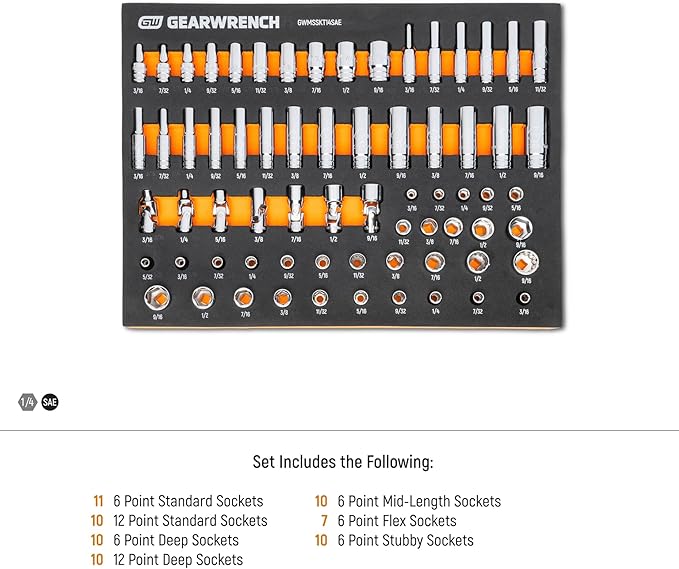 GEARWRENCH 68 Piece 1/4” Drive Master SAE Socket Set in Foam Storage Tray - GWMSSKT14SAE