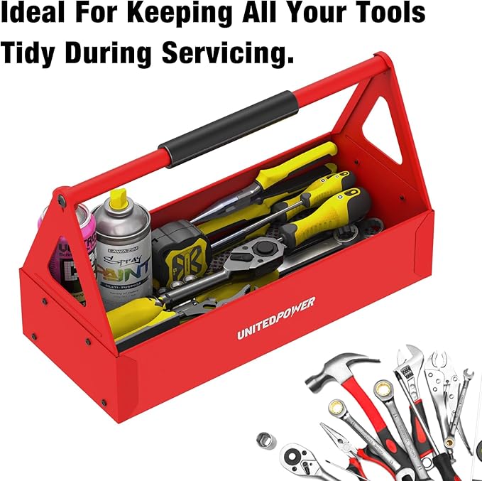UNITEDPOWER Handy Tool Box, Portable Metal Tote Tray with comfortable grip handle, Tool Organization for Household, Warehouse, Repair Shop, Red