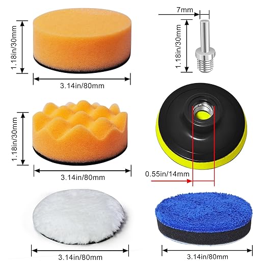Buffing Sponge Pads, 3 Inch Polishing Pads, 14PCS Detail Polishing Kit, Car Polishing Foam Wool Pads Wax Buffer Polisher Attachment with M14 Thread Backing Pad Adapters for Waxing