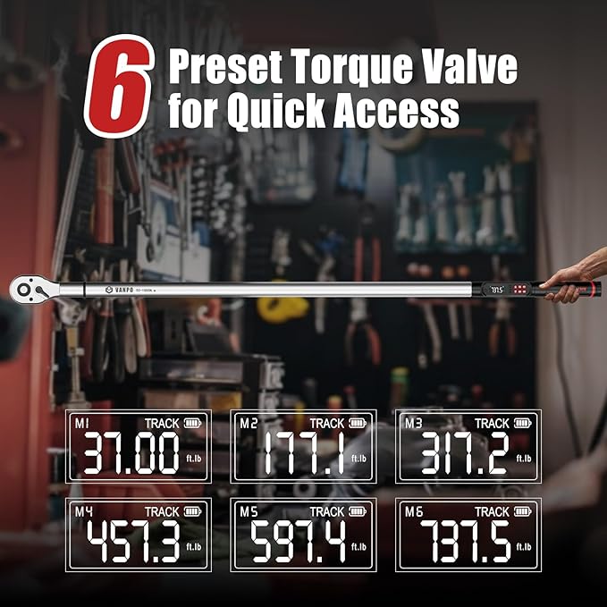 VANPO 3/4-Inch Digital Torque Wrench 37–737 ft-lb, ±2% Accuracy Heavy Duty Electronic Torque Wrench with LED, Buzzer & Vibration Alert for Wind Turbine, Mining Equipment & Industrial Bolting