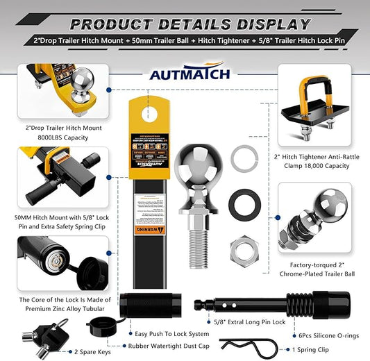 AUTMATCH Trailer Hitch Ball Mount with 2 Inch Hitch Ball - Fits 2" Receiver with Hitch Tightener, 8000Lbs Capacity Ball Hitch, 2-Inch Drop with 5/8" Hitch Lock Pin, Yellow & Black