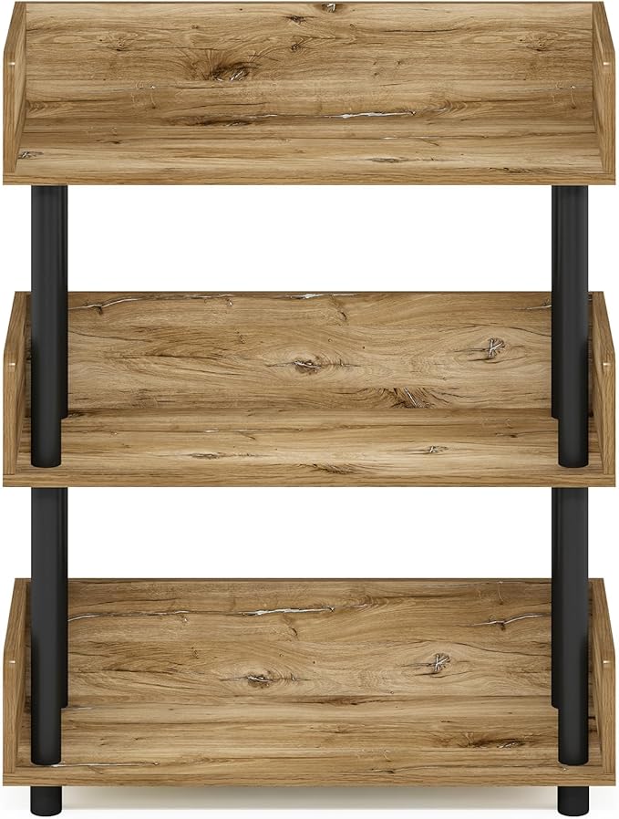 Furinno TURN-N-TUBE Display Shelf, 3-Tier Storage Shelves with Side Panels, Open Shelves Book Shelf with Rounded Corner Top Edges, for Organization and Storage, Living Room, Home Office, Flagstaff Oak