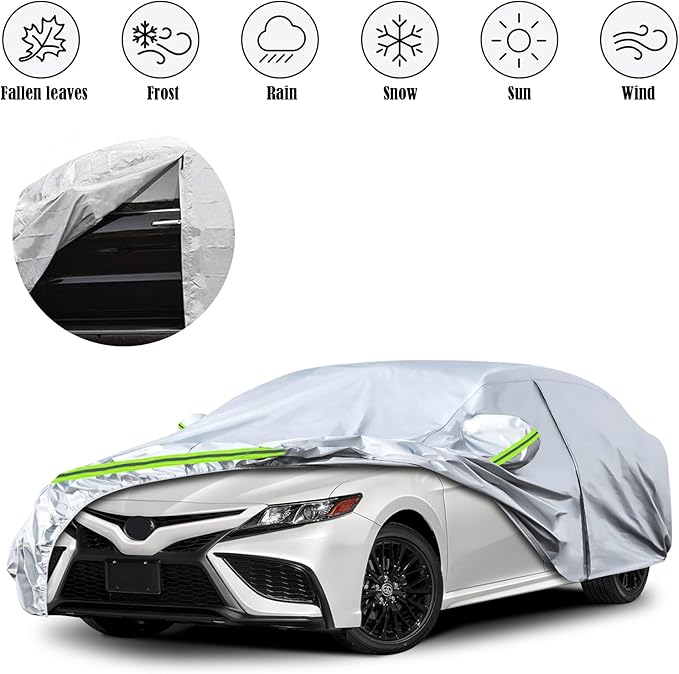 Waterproof Car Covers Replace for 2007-2025 Toyota Camry, 6 Layers Silver All Weather Custom-fit Car Cover with Zipper Door & Windproof Bands for Snow Rain Dust Hail Protection
