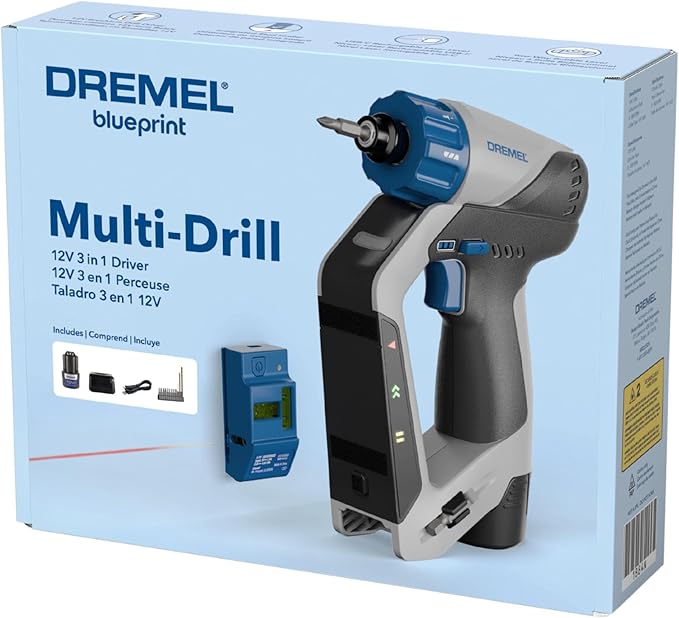 Dremel Blueprint 3in1 Drill Driver with Integrated Stud Finder and Detachable Laser Level, Cordless Drill Set Includes 2.0 Ah Battery, Fast Charger, and 12 Bits (DD12V-S1)