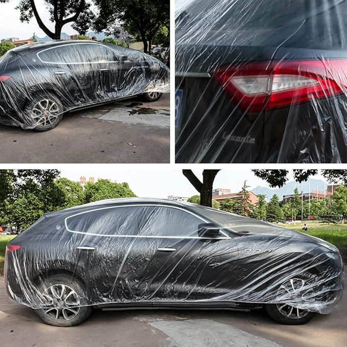 LuliKa 3 Packs Disposable Car Cover Clear Plastic Car Cover Universal Rain Dust Garage Cover with Elastic Band Large (15.7FT x 24.6FT)…