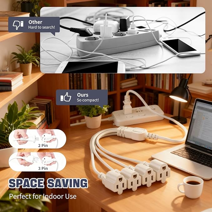 3 Prong Outlet Splitter Extension Cord,1-to-4 Indoor Outdoor Extension Cord,20 inch Y-Type Power Splitter,SJT 16AWG,UL Approved for Home Office Appliance,LED Stage Lights and Electronics(White)