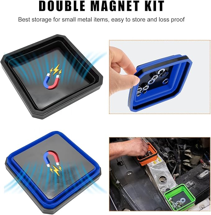 Collapsible Magnetic Parts Tray, 4.5 Inch Foldable Magnetic Square Silicone Tray, Tool Tray Set with Double-Sided Magnetic Base for Screw Bolts Nuts Pins, Car Accessories (Black+Blue, 2 PCS)