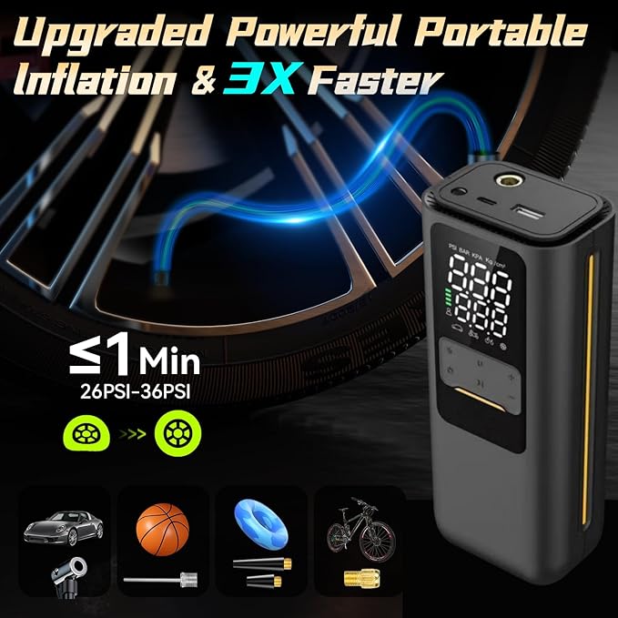 BL-01 Mini Cordless Tire Inflator, 120 PSI USB-C Rechargeable Brushless Air Pump with Digital Pressure Gauge and Auto Shut-Off for Bikes, Cars and Balls