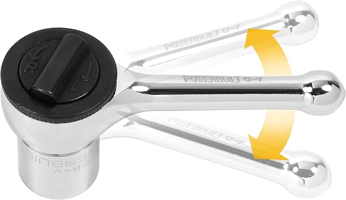 Powerbuilt 3/8 in. Drive Stubby Spin Disc Ratchet – 4-1/8 in. Length, Spiral-Machined Handle, Mirror Chrome Finish, Chrome Vanadium Steel – 641514