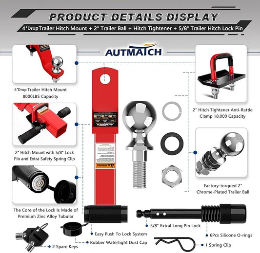 AUTMATCH Trailer Hitch Ball Mount with 2 Inch Hitch Ball - Fits 2" Receiver with Hitch Tightener, 8000Lbs Capacity Ball Hitch, 4-Inch Drop with 5/8" Hitch Lock Pin, Red