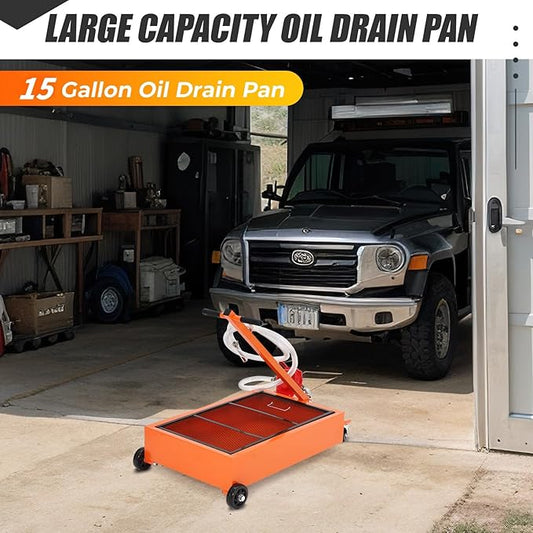 15 Gallon Oil Drain Pan with Manual Pump, Low Profile Oil Drain Pan for Oil Change, Oil Change Pan with 8.2 Ft Hose and Folding Handle, Rolling Oil Drain Cart for Car, SUV, Trucks