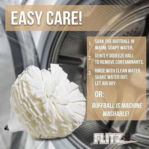 Flitz Buff Ball w/ 1.76oz Metal Polish Paste - 5in Drill Buffer Polisher Attachment for Any 3/8in Drill - Self-Cooling, Washable Polishing Ball to Buff, Shine, & Protect All Metals, Plastics (1 Pack)