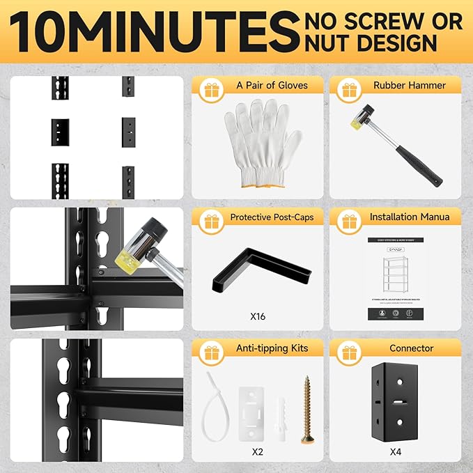 5-Tier 60”W X 20”D X 72”H Garage Shelving Heavy Duty 3000LBS Shop Shelves Heavy Duty Adjustable Unit Rack Metal Rack (Black)