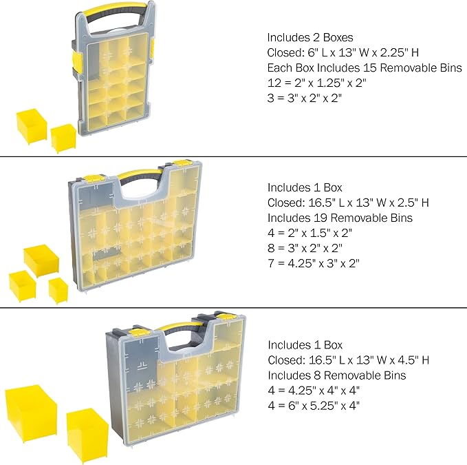 Storage Organizer Tool Box Set - Set of 4 Plastic Clear Top Parts, Craft, and Hardware Organizers with 3 Sized Compartments by Stalwart (Yellow/Black)