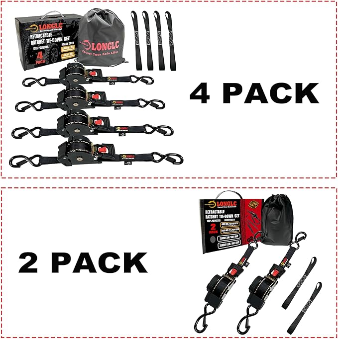 4-Pack Retractable Ratchet Straps Black Heavy Duty - 1 Inch X 10Feet with Soft Loops, 2,000lbs Breaking Strength - Best for Trucks, Cargo Trailer, Motorcycle, Tie Down Straps Ratchet