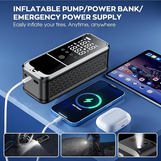 Tire Inflator Portable Air Compressor, 6000mAh Air Pump for Car Tires 160 PSI Portable Air Pump with Tire Gauge Pressure & LED Light & Auto Shut-Off Cordless Bike Pump for Car, Motor, Bike, Ball