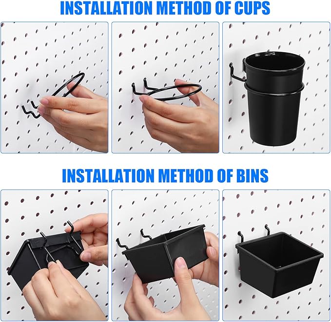 Sieral 64 Pieces Pegboard Bins Pegboard Cups with Hooks and Loops Peg Hooks Assortment Organizer Accessory for Organizing Accessories Tools Storage Office Workshop Garage Workbench (Black)