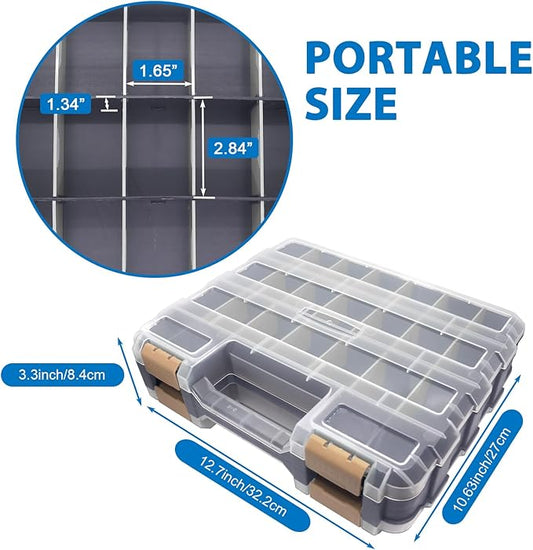 Double Side Tool Box Organizer, Hardware Storage Box, Portable Small Parts Organizer with Removable Plastic Dividers for Screws, Nuts, Nails, Bolts, Grey