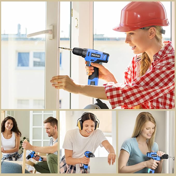 PULITUO 12V Blue Cordless Drill Set - Power Drill Kit with Battery and Charger, 3/8-Inch Keyless Chuck, Built-in LED, 21+1 Torque Setting
