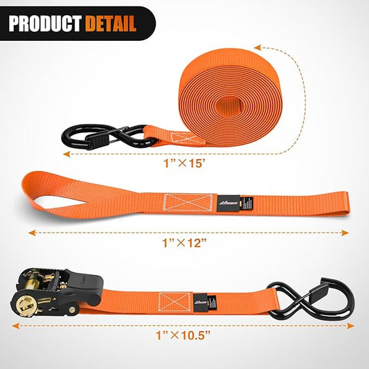 Nilight Ratchet Tie Down Straps 4500Lbs Max Break Strength 1”×15’ Heavy Duty Motorcycle Straps with S Hooks Rubber Handle and 1” ×12’ Soft Loop for UTV Motorcycle Moving Securing Cargo (Orange 4 Pack)