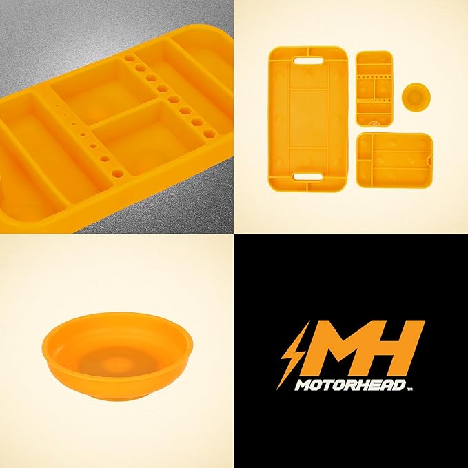 MOTORHEAD Super Grip Silicone Tool Tray Set (4-Piece: 23”, 16”, 12” & 4”) Magnetic, Non-Slip, Anti-Scratch,Withstands Temperatures Up to 248°F/120°C, Non-Conductive & Anti-Static, Orange (AT06006G)