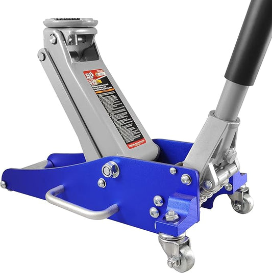 BIG RED T815016L Torin Hydraulic Low Profile Aluminum and Steel Racing Floor Jack, 1.5 Ton (3,000 lb) Capacity, Blue & T42002A Torin Steel Jack Stands: Double Locking, 2 Ton (4,000 lb) Capacity, Red