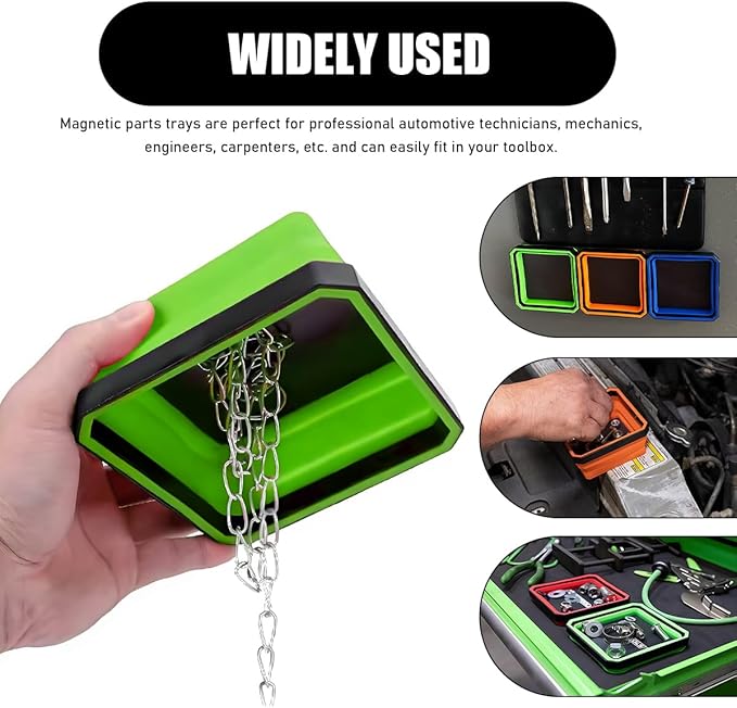 2PCS Collapsible Magnetic Parts Tray, 4.5" Square Silicone Tool Tray with Double-Sided Magnetic Base, Foldable Bowls Small Metal Parts Holder for Screws Bolts Nuts Washers (Green+Orange)