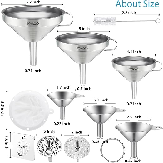 Toncoo 6 Pack Stainless Steel Funnels for Kitchen Use, Food Grade Cooking Funnel with 3 Strainer, Kitchen Funnel Set Metal Funnels for Filling Bottles