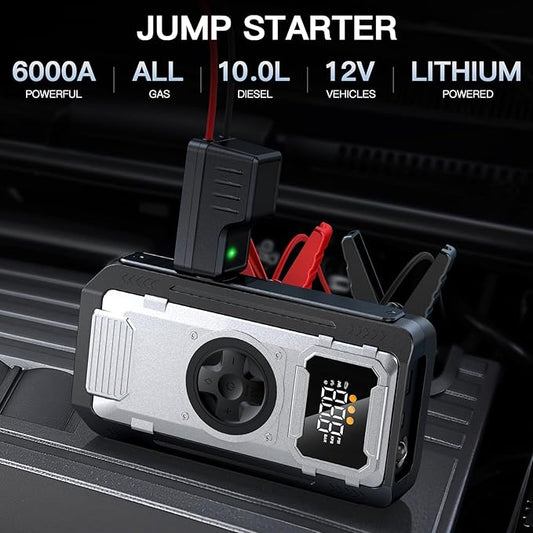 6000A Jump Starter with Air Compressor,150PSI Car Battery Tire Inflator (All Gas/10.0L Diesel Engines),12V Car Battery Jump Box with Jumper Cables, LCD Display, LED Light,Power Bank