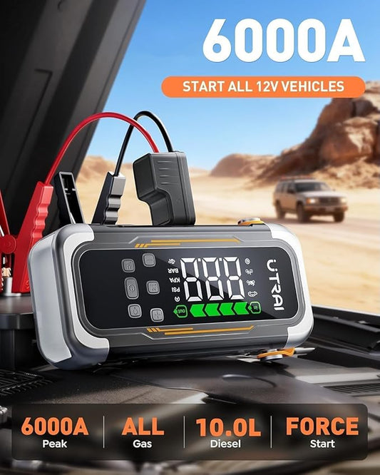 UTRAI Jump Starter with Air Compressor, 6000A Peak Battery Jumper Starter Portable (All Gas & 10.0L Diesel) with 150PSI Tire Inflator & Air Blower, PD 30W Fast Charge, 12V Jump Box Jump Pack