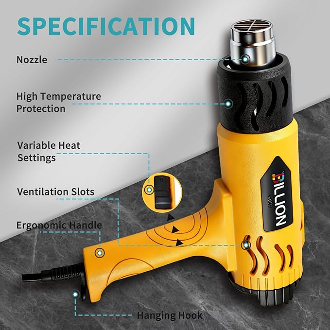 1800W Heat Gun for Crafting - 100℉ to 1200℉ Variable Temperature, 4 Nozzles & Overload Protection - Hot Air Gun for Shrink Tubing, Epoxy Resin, Paint Removing, DIY Projects
