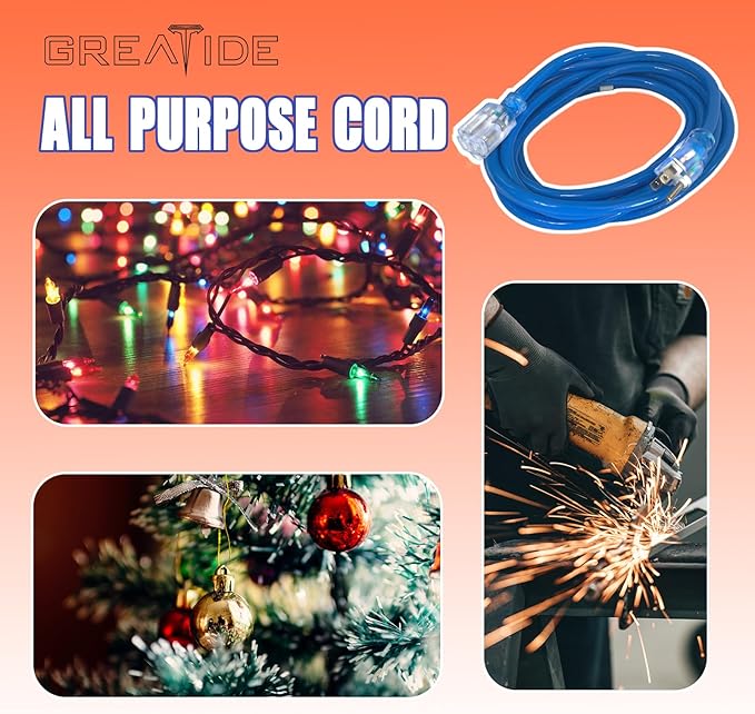 Indoor Extension Cord with Lighted End, 12 Gauge Heavy Duty Extension Cord 3 FT, 3 Prong Grounded 15 Amp Extension Cord, 12/3 SJTW Power Cord for Garage, Garden, Appliance, UL Listed, Blue