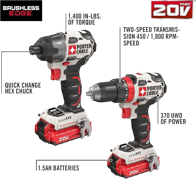 PORTER-CABLE 20V MAX Cordless Drill and Impact Driver, Power Tool Combo Kit with 2 Batteries and Charger (PCCK619L2)