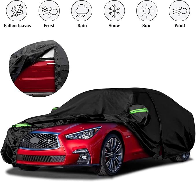 Waterproof Car Covers Replace for 2014-2025 Infiniti Q50 /Q60, 6 Layers All Weather Custom-fit Car Cover with Zipper Door & Windproof Bands for Snow Rain Dust Hail Protection (Q50)