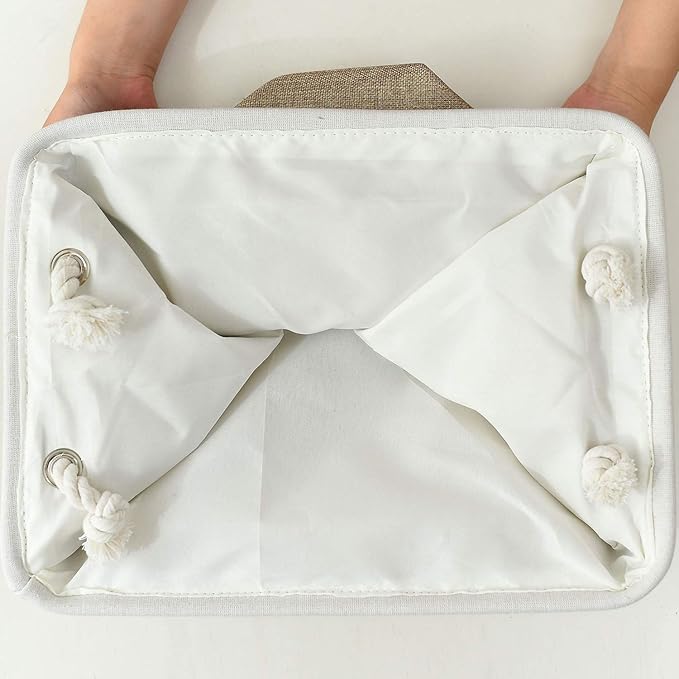 Fabric Storage Baskets - Rectangular Baskets for Organizing Fabric, Shelves & Decorative Use (White & Khaki)