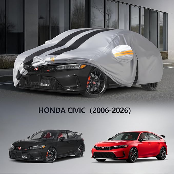Multi-Layer Car Cover Custom Fit for Honda Civic(Type R)(2006-2026), 100% Waterproof All Weather for Automobiles, Gift with Towel, Heavy Duty Car Covers for Rain Sun UV Protection with Door Zipper.