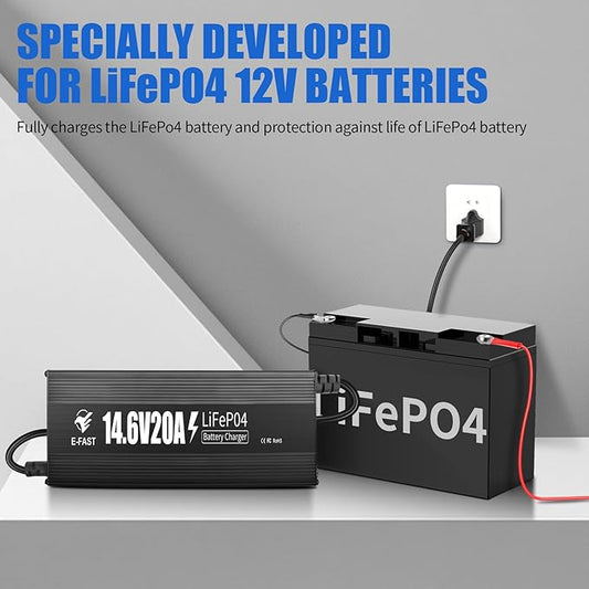 E-FAST 12V 20A Lithium Battery Charger, 14.6V LiFePO4 Battery Charger with Premium Aluminum Housing - 0V Activation for Golf Cart, RV, Marine, Boat, Trolling Motor - Includes Anderson Connector