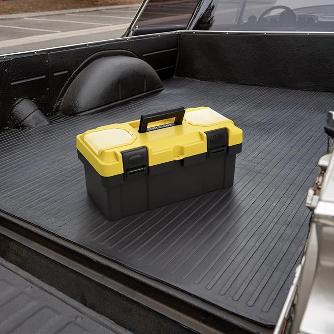 Cididu 16 Inch Plastic Tool Box with Handle, Portable Toolbox with Removable Tray and Lockable Design, Heavy Duty Toolbox Organizer with Small Parts Box for Household Workshops Garages, Black Yellow